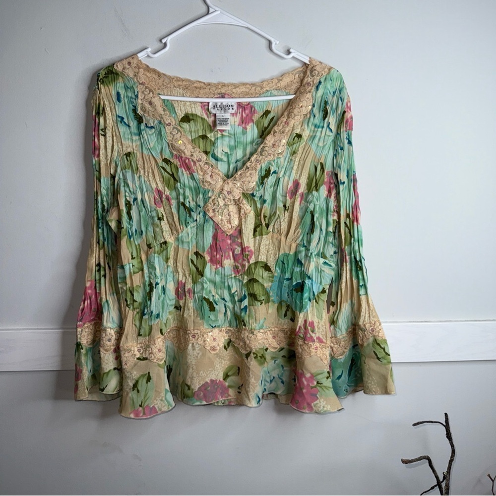 Allison Taylor Vintage Floral Babydoll Pleated Blouse with Lace and Sequins